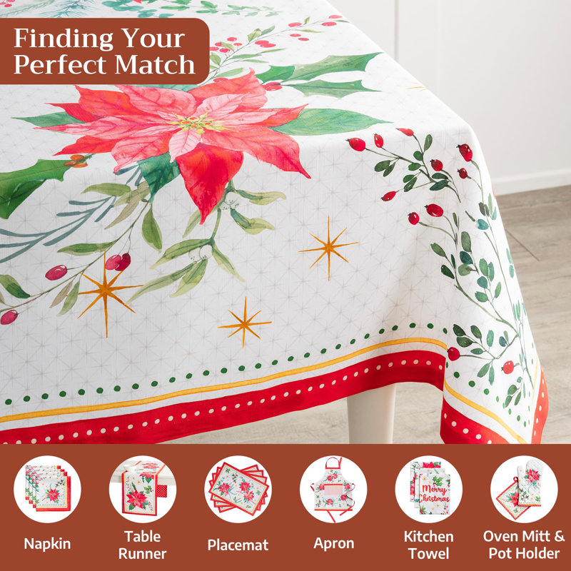 Maison d'Hermine Poinsettia Christmas 100% Cotton Tablecloth - 60" x 108", 108" L x 60" W