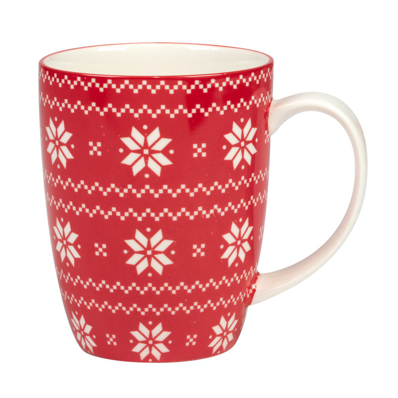 Set of 6 Red and White Ceramic Christmas Mugs