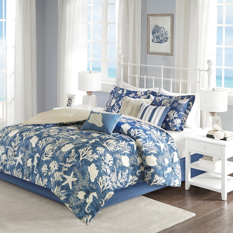 Literie Cape 7 - coton bleu très grand, charmant bord de mer, taies décoratives assorties, coussins décoratifs élégants 7 pièces, délice côtier, taies décoratives et pierres précieuses