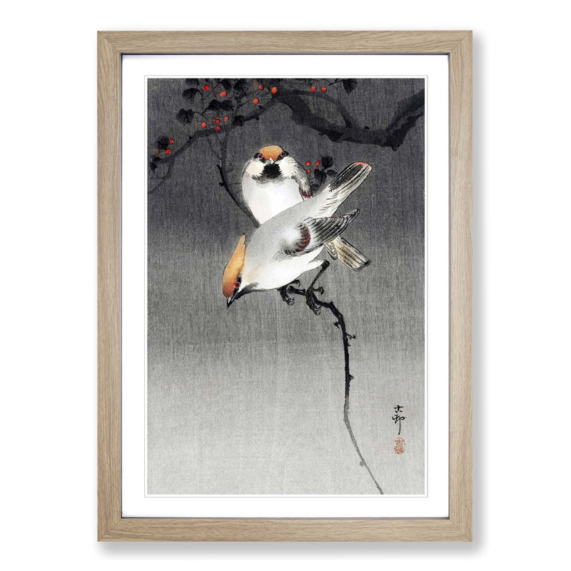 Bohemian Waxwing Birds by Ohara Koson - Picture Frame Painting Print, Oak Framed, 48cm H x 36cm W x 2cm D