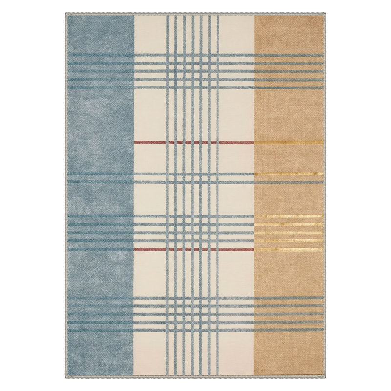 Vesper Modern Plaid Machine Washable Blue / Yellow / Beige Indoor Area Rug with Non-Slip Backing, Rectangle 9' x 12'