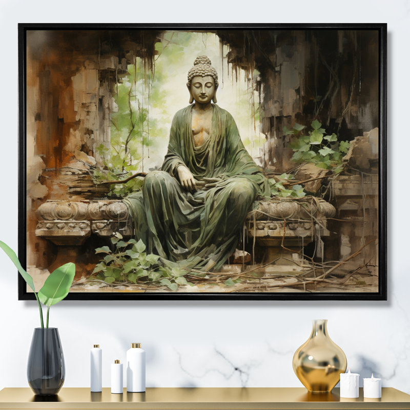 Thailande, ruines de Bouddha, art mural, Cadre flottant noir, H 24 po x l 32 po x P 1 po