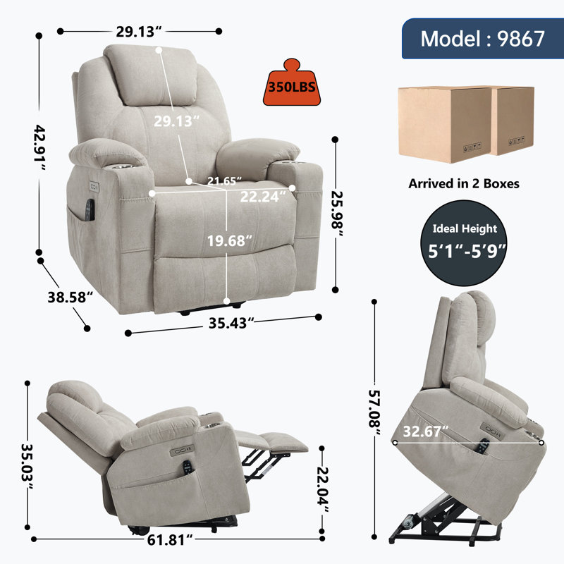Up To 350 Lbs Chenille Power Lift Recliner Chair, Heavy Duty Motion Mechanism With 8-point Vibration Massage And Lumbar Heating, Usb And Type-c Ports, Stainless Steel Cup Holders
