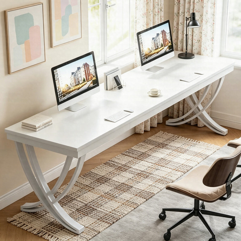 78,74 po. Bureau d'ordinateur industriel pour deux personnes, table de travail double avec structure en métal, Blanc