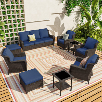 9-Person Outdoor Patio Conversation Rattan Seating Group Swivel Chairs With Blue Cushions
