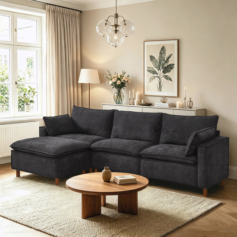 Canapé modulaire en L modulaire avec repose-pieds mobile, canapé rembourré en chenille confortable, Black Fabric