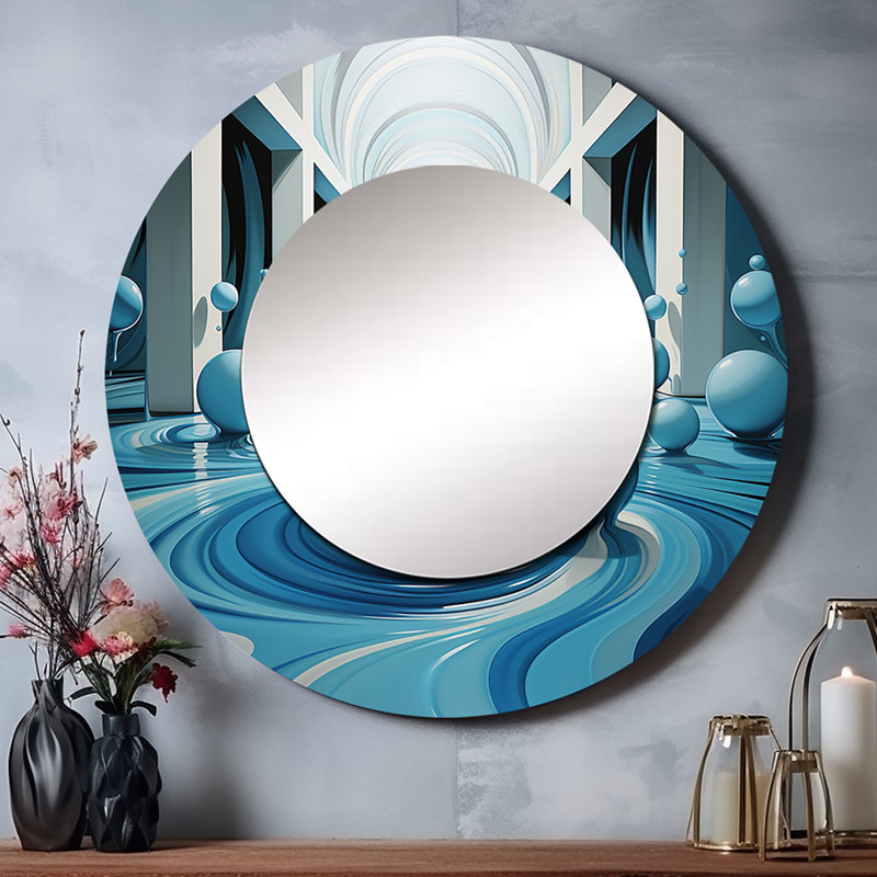 Rynley Op Art Blue Focus IV - miroir mural décoratif rond, bleu, 29 po x 29 po