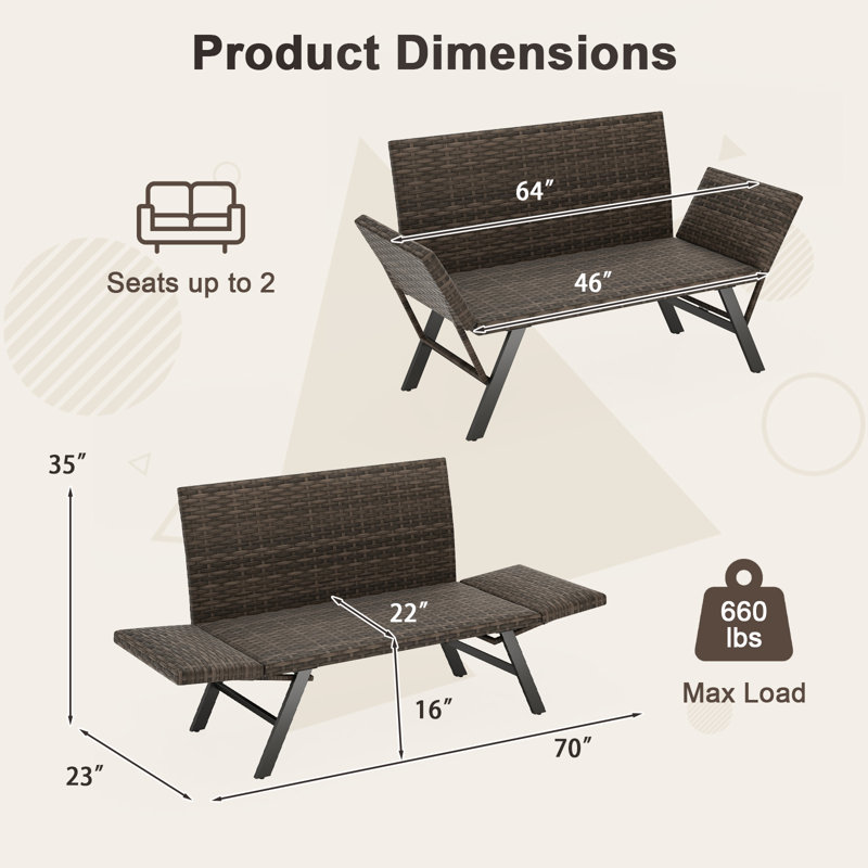 Patio Convertible Sofa for 2 w/ Adjustable Armrests Metal Frame Wicker Couch Outdoor