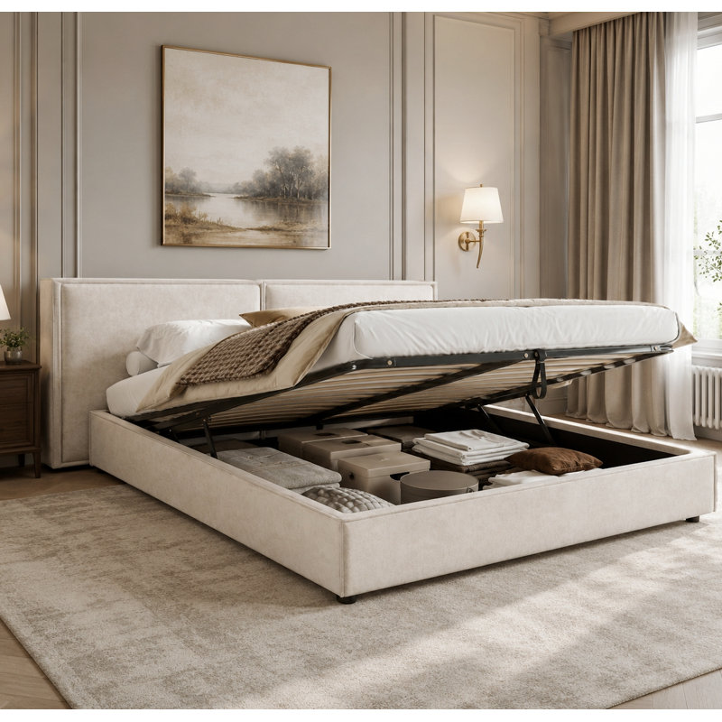 Beige Chenille Ottoman Storage Bed 6FT Super King with Split Headboard & Gas Lift