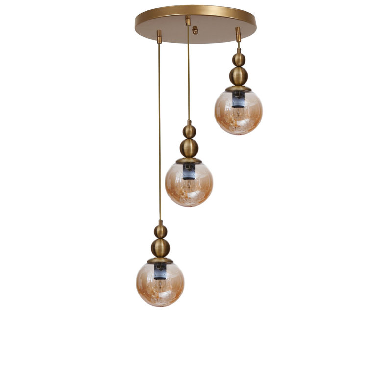 Lustre élégant miel et or, hauteur réglable (31,5 po), structure en métal avec capuchon en verre, plaque de base de 11,8 po | 3 x douilles E27 (40 W maximum) | Luminaire élégant pour le salon, la salle à manger et le vestibule