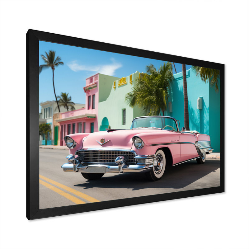 Miami Pink Cadillac II - Miami Canvas Wall Art, 16" H x 32" W x 1" D, Black Single Picture Framed