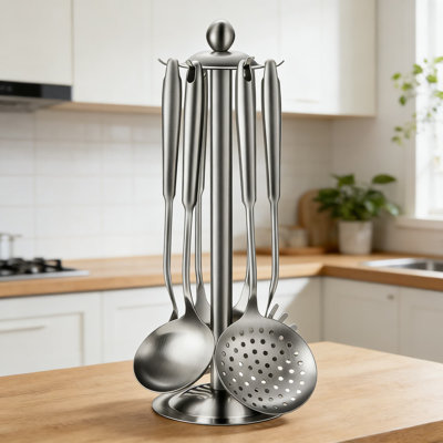 Ensemble d'ustensiles de cuisine 7 pièces en acier inoxydable avec support rotatif, batterie de cuisine en acier inoxydable 304, cuillères de cuisson résistantes à la chaleur, lavable au lave-vaisselle, conception peu encombrante