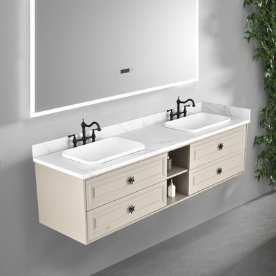 Floating Bathroom Vanity,Wall Mounted Bathroom Vanity With Countertop,With 4 Drawers & 2 Shelf,No Sink,Khaki