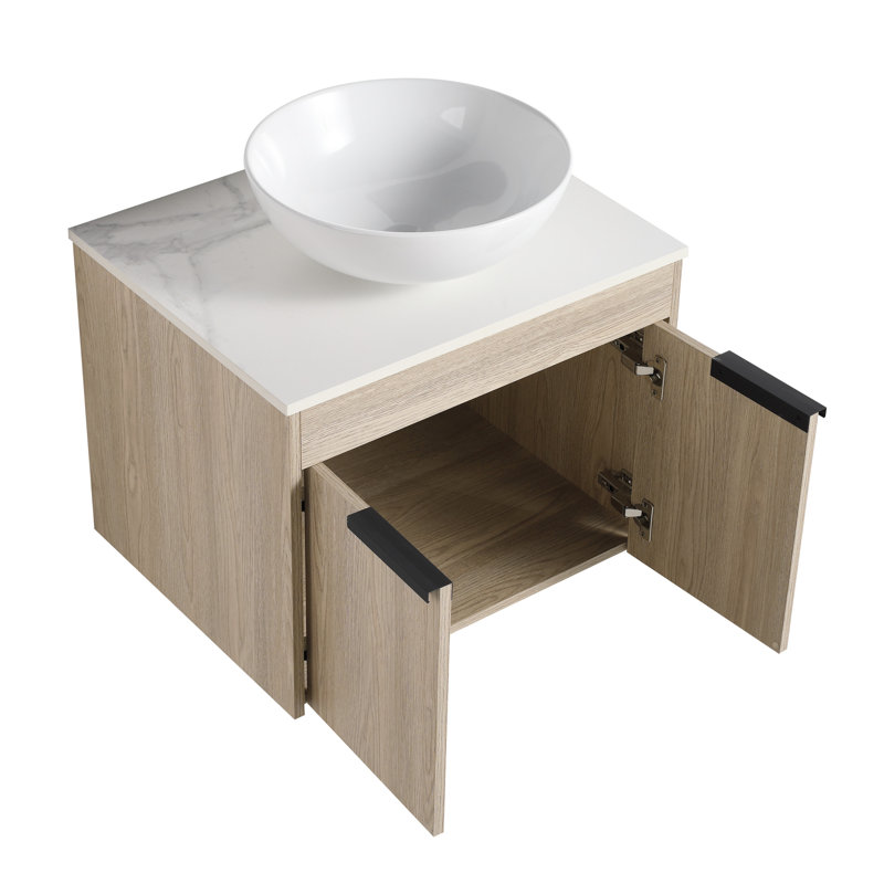 Meuble-lavabo flottant 24 po en chêne blanc avec lavabo intégré en céramique et tiroirs à fermeture en douceur, Brun, Vasque