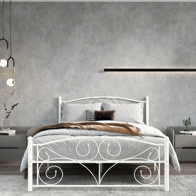 Full Size Bed Frame, White Metal, Unique Flower Structure, Noise - Assembly, Easy To Put Together, No Box Spring Metal Frame With Finish, Design, Quiet And Stable, Needed
