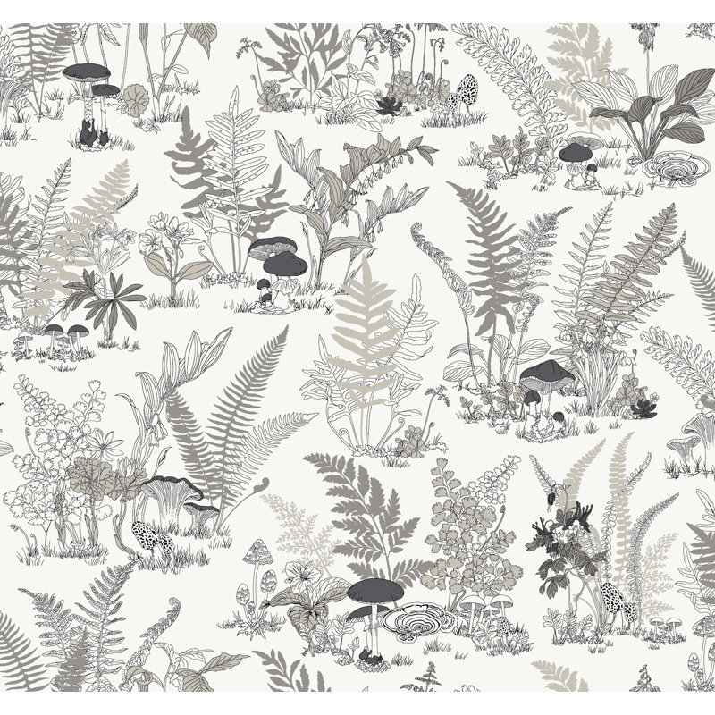 Mushroom Garden Toile Wallpaper Roll, Black & Gray