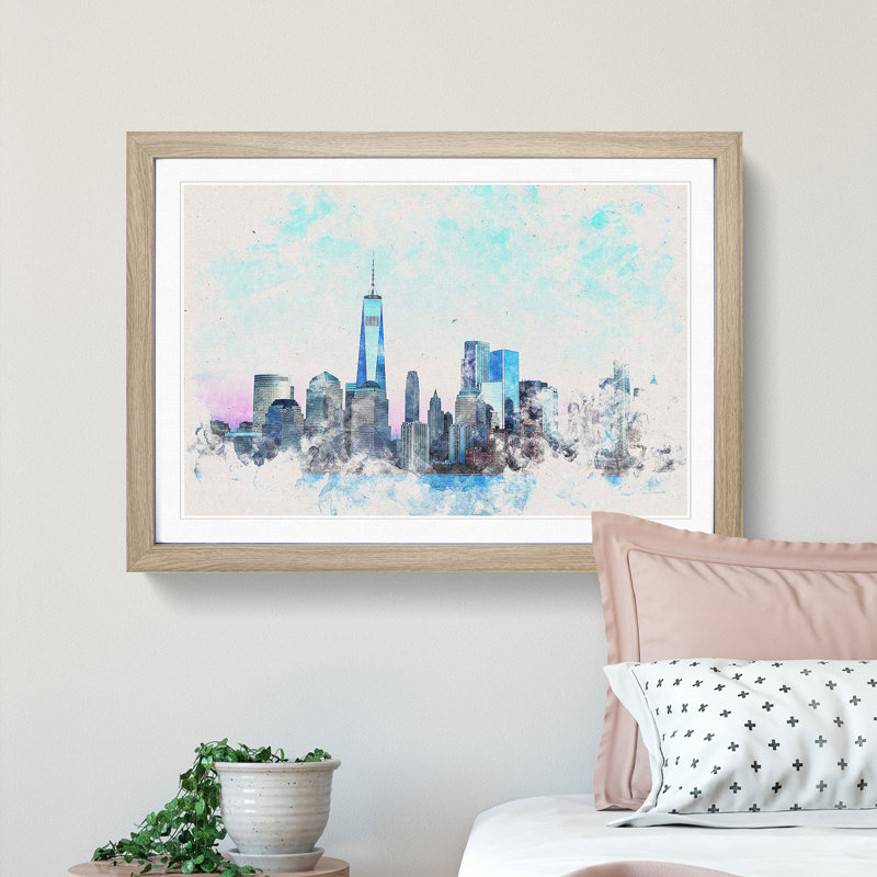 Freedom Tower And New York City - Single Picture Frame Painting on MDF, 45cm H x 63cm W x 2cm D, Oak Framed