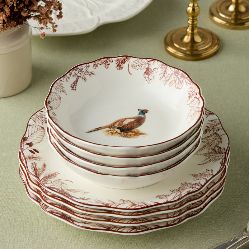 Ensemble de 4 bols à soupe Pheasant Grove 8in 26oz - Assortiment de conceptions de faisan Naturalist sur grès ivoire avec bordure botanique festonnée bourgogne