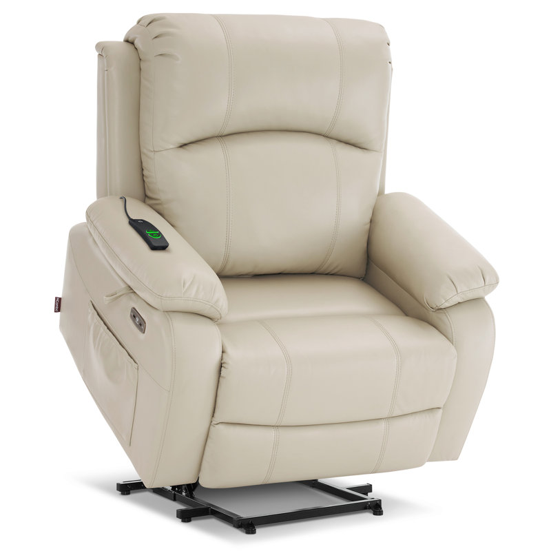 Pantazi Wide Seat Power Recliner Lift Assist Chair, Faux Leather, Beige Faux Leather