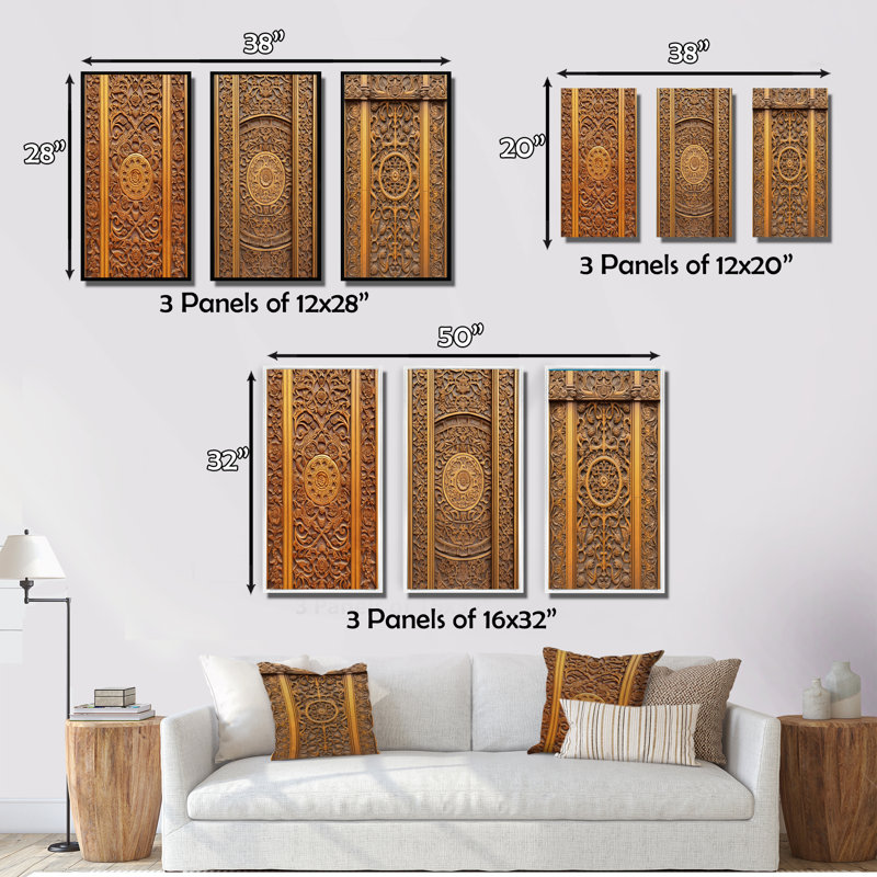 «Old Carved Wooden Door V», 3 pièces sur toile, Toile tendue, H 20 po x l 36 po
