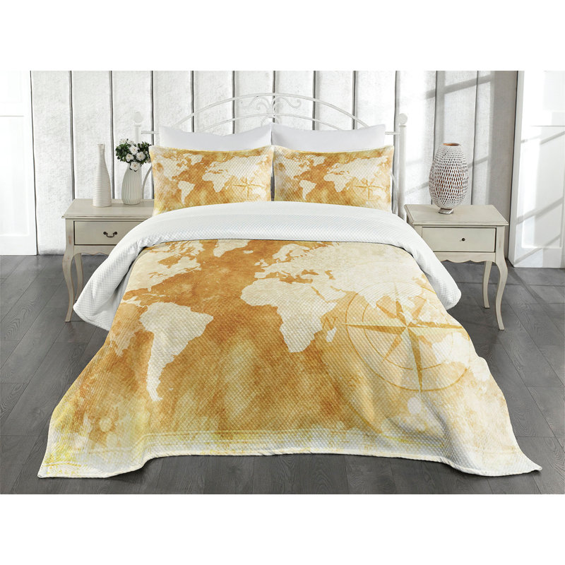 Ambesonne Compass Bedspread Set Old Fashioned World Map Cream Tan, King Coverlet / Bedspread + 2 Standard Shams