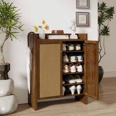 42.5" Tall Rattan Shoe Cabinet With Doors, 6-Tier Shoe Storage Cabinet With Adjustable Shelves, Wooden Freestanding Shoe Organizer Shoe Cabinet For Entryway,Hallway,Living Room (Walnut), Sideboard