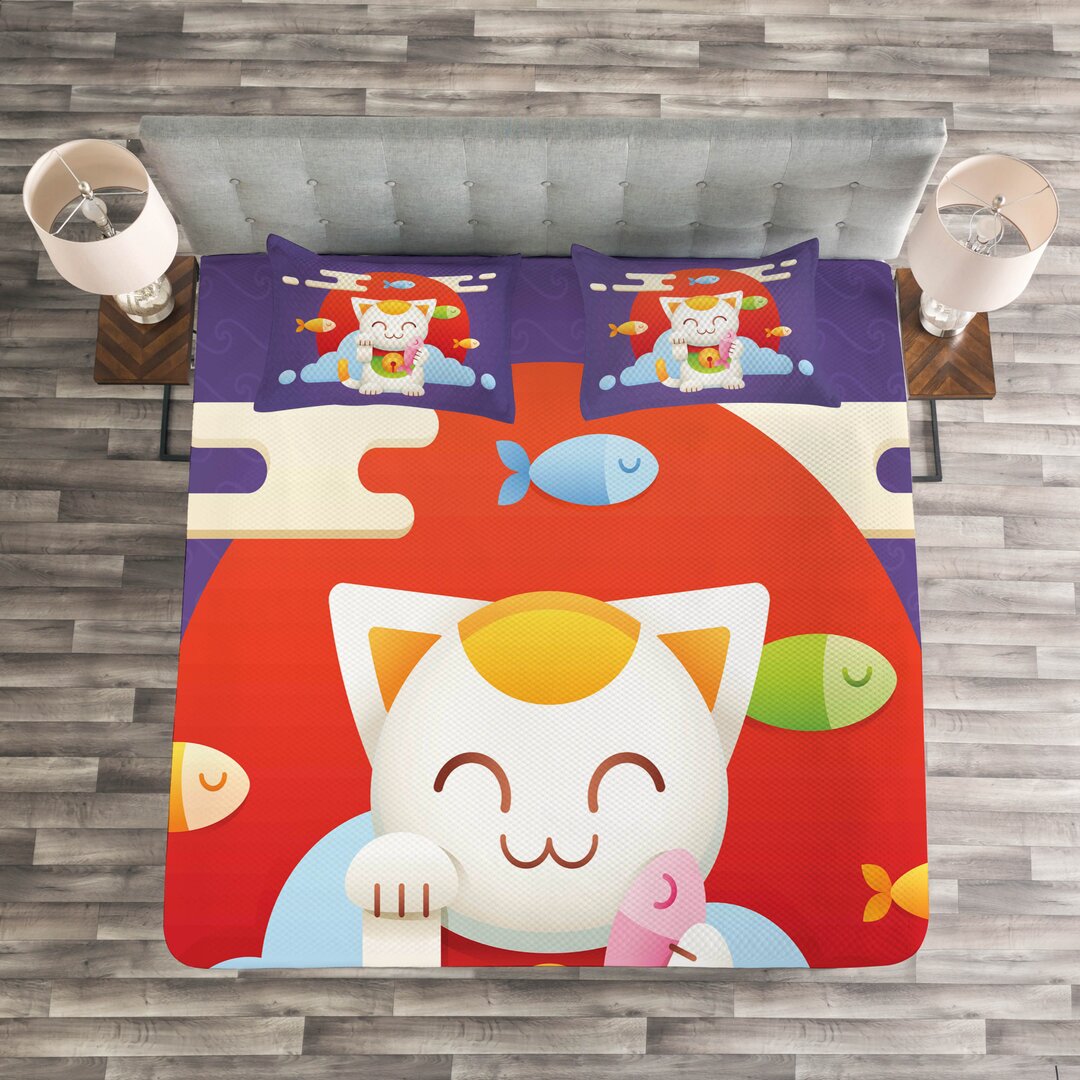 Gestepptes Bettdecken-Set, Maneki Neko Münzen Fisch, japanische Katze, Vermilion Senf