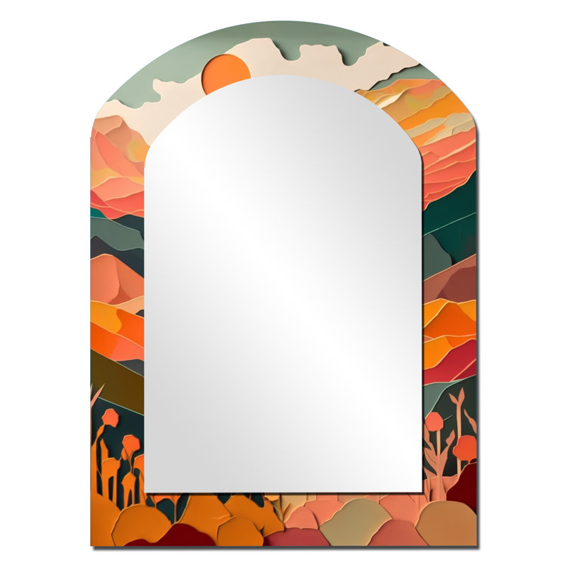 Sublime Sun Soaked Simplicity II - Minimalism Asymmetrical Mirror, Orange Arch Decorative Wall Mirror, Printed Metal Art