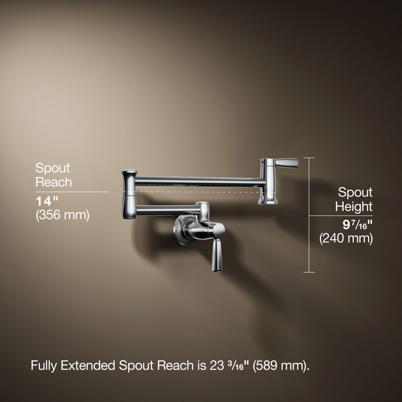 Wall-Mount Pot Filler Faucet, Swing Arm Kitchen Pot Filler Faucet, Polished Chrome