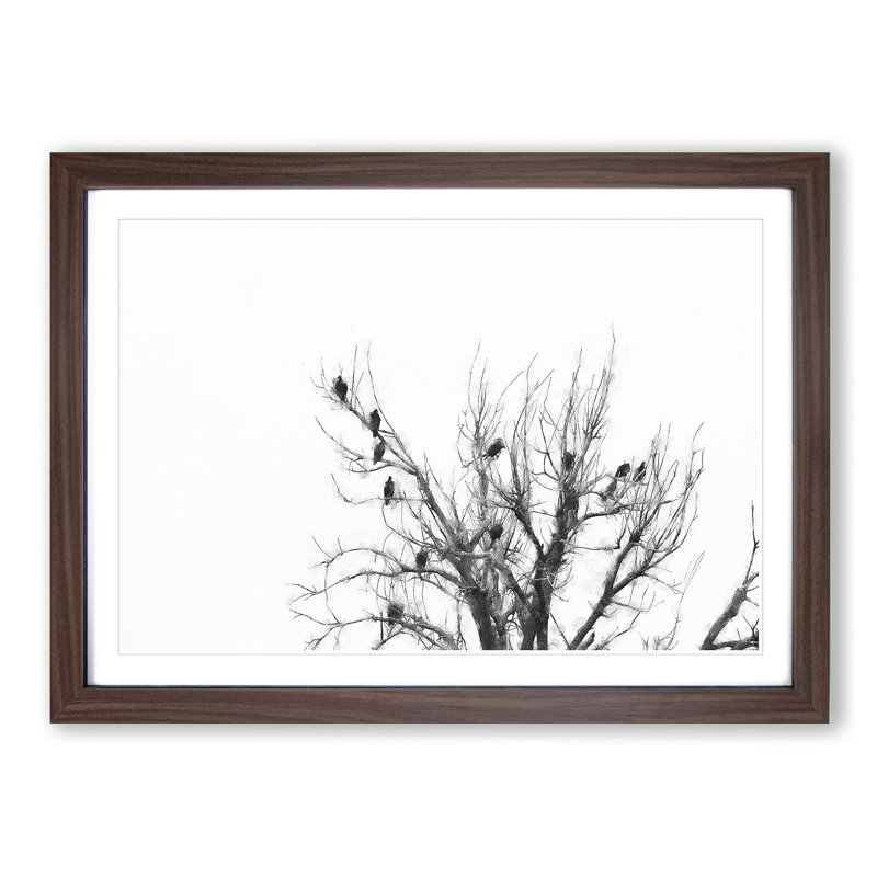 Birds In The Trees Painting - Single Picture Frame Print on MDF, Walnut, 24cm H x 33cm W x 2cm D