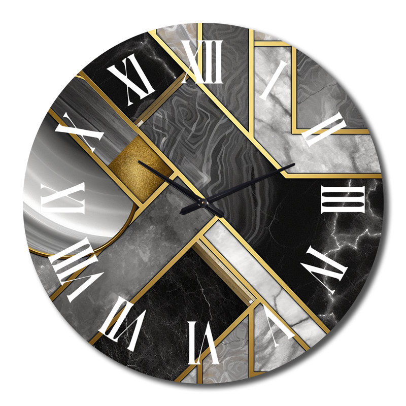Horloge murale moderne en marbre granit avec touches dorées III, Grand