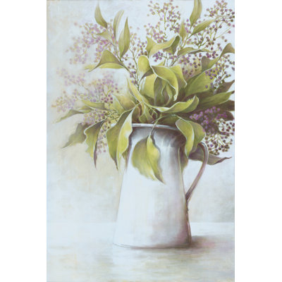 Purple Babys Breath With Leaves In Pitcher - Wrapped Canvas Painting