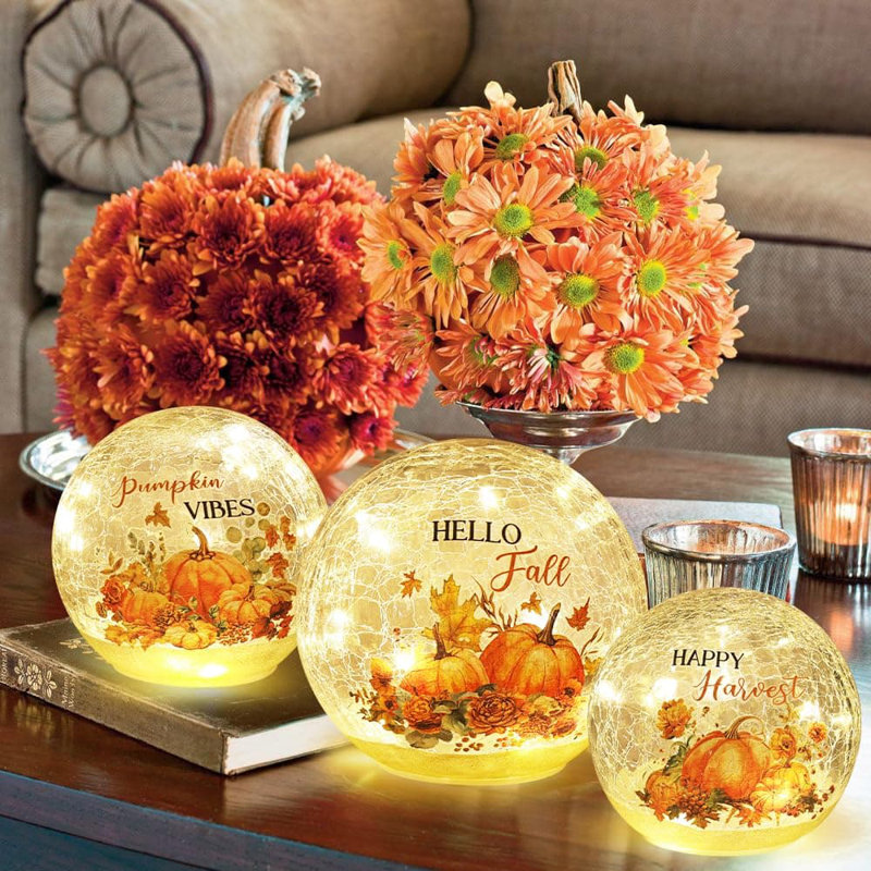 Set of 3 Crackle Glass Ball with LED Lights for Fall Table Decor with Timer