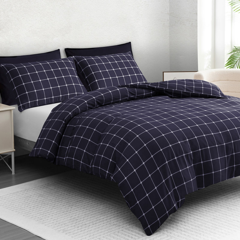 Microfiber Geometric Duvet Cover Set, Double (200cm x 200cm), Navy