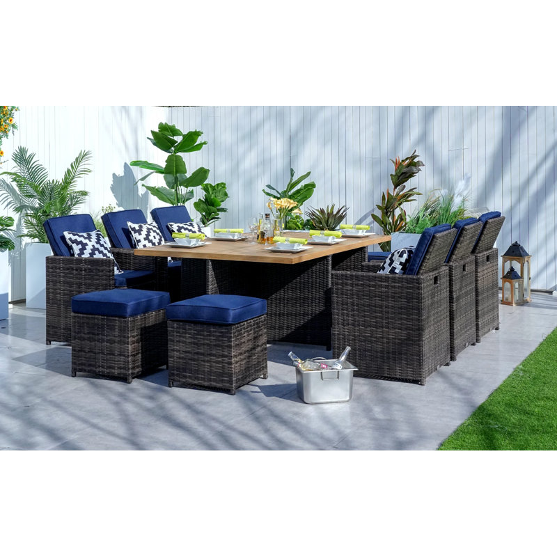 6 - Person Patio Dining Set Umbrella Hole Included Rectangular Table with Cushions Included, Navy, Brown