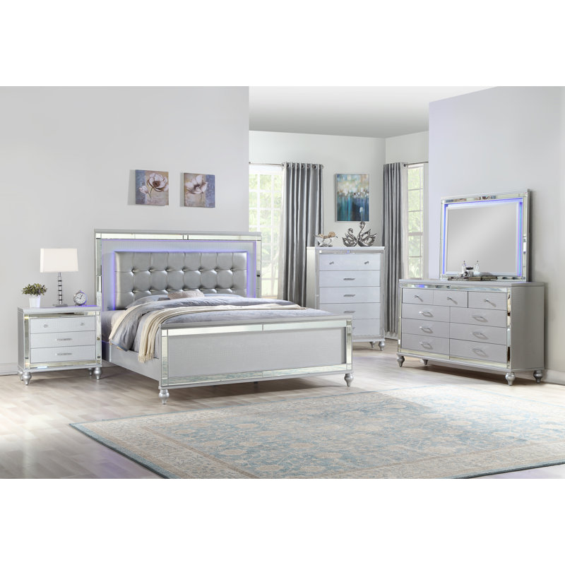 Ensemble de chambre à coucher à 5 lumières à DEL en bois, Double, Blanc