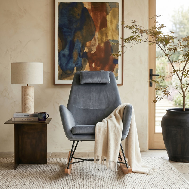 Chaise berçante en velours Brentwood Mid-Century avec coussin pour le cou et structure en métal, Gris foncé
