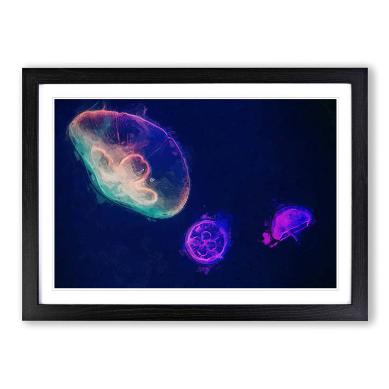 Neon Jellyfish in Abstract - Framed Print, Black Framed, 48cm H x 65cm W x 2cm D