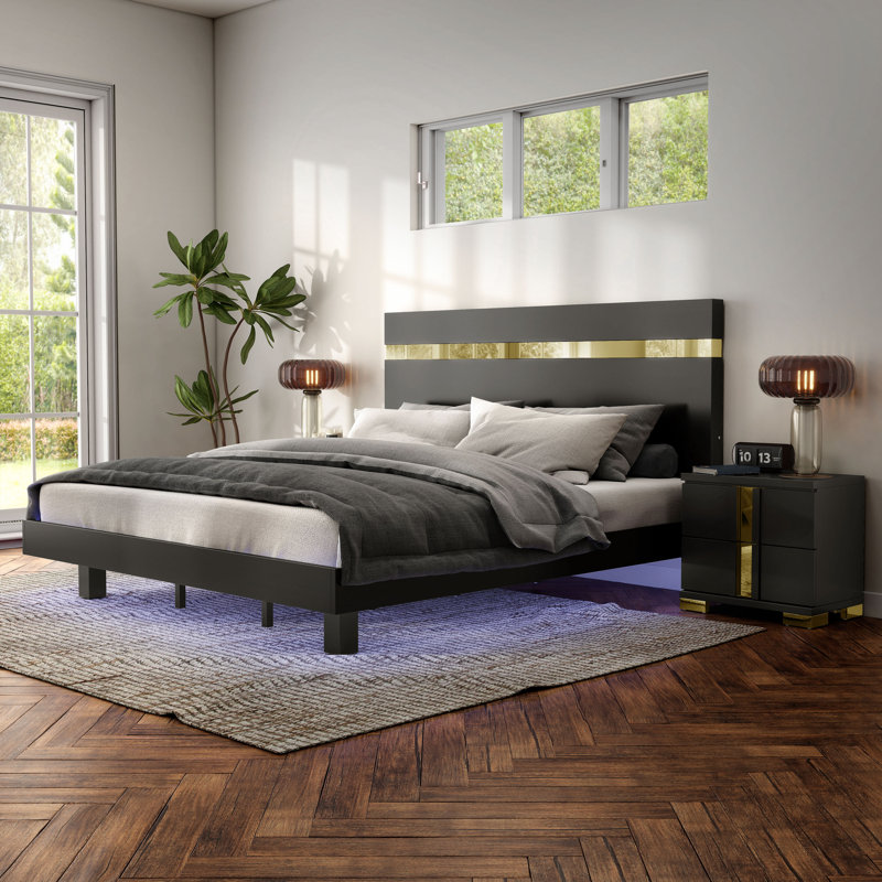 Clemson 3-Piece Platform Bedroom Set with LED Bed, Black, Twin, 3 Pcs: Bed, 2 Nightstands