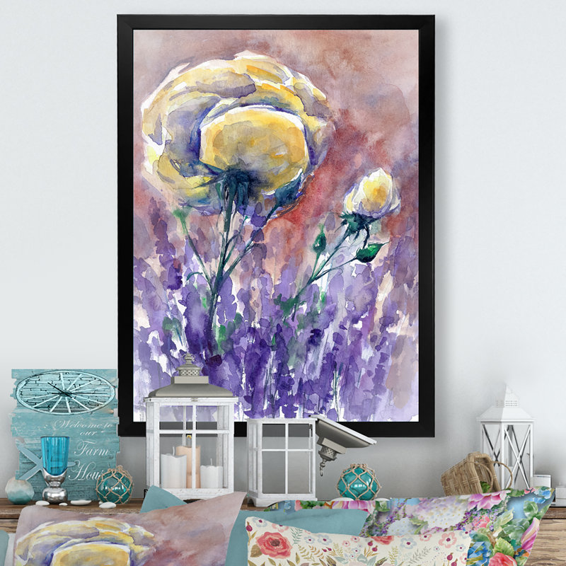 Lavande, motif abstrait - décoration murale traditionnelle sur toile, Cadre photo noir, H 32 po x l 16 po x P 1 po