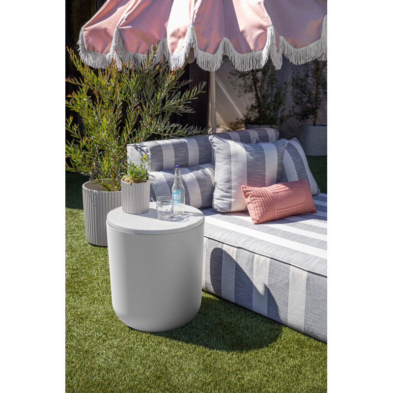 White Round Concrete-Plastic Outdoor Side Table with Cooler Function