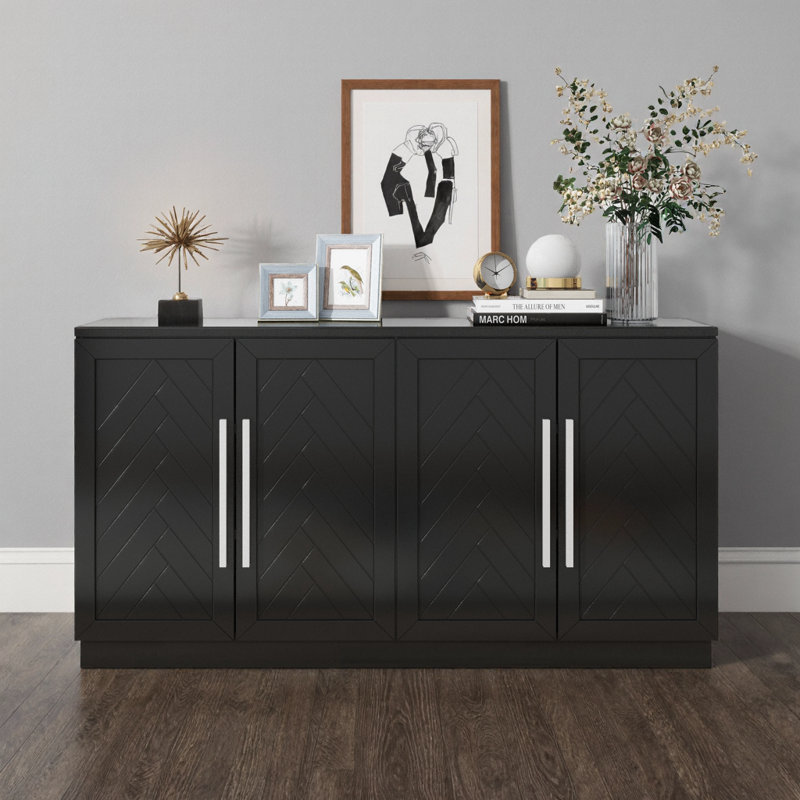 60" Sideboard – Silver Handles, Adjustable Shelves, Dining/Kitchen Storage, Black