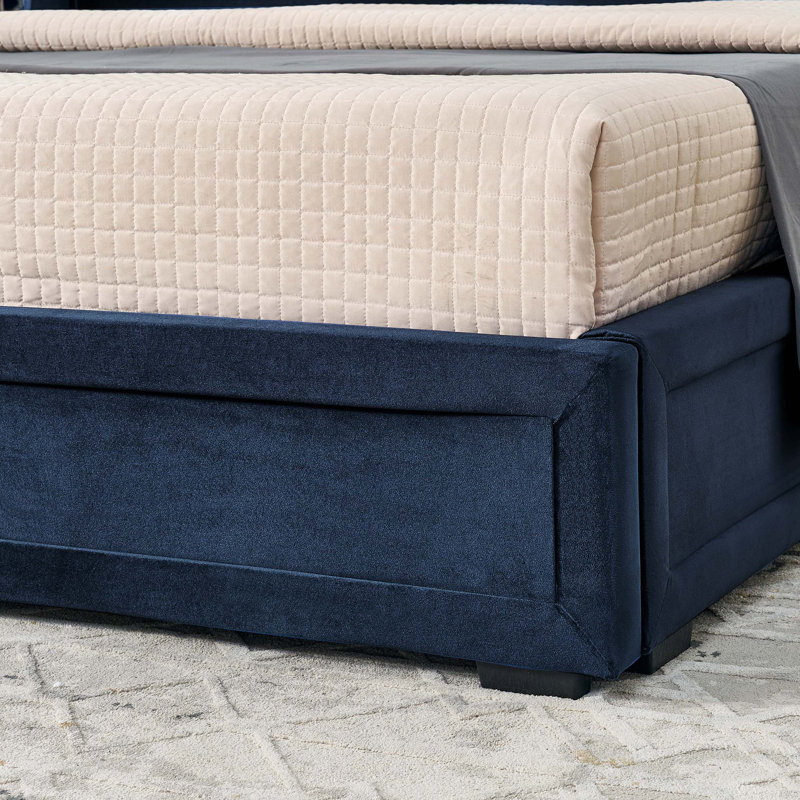 Base de lit plateforme avec rangement moderne avec tête de lit en velours brillant et tablettes intégrées, Bleu très foncé