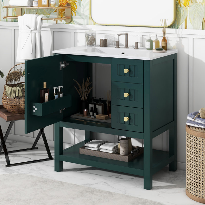 Meuble-lavabo 30 po avec lavabo en céramique blanche, Vert