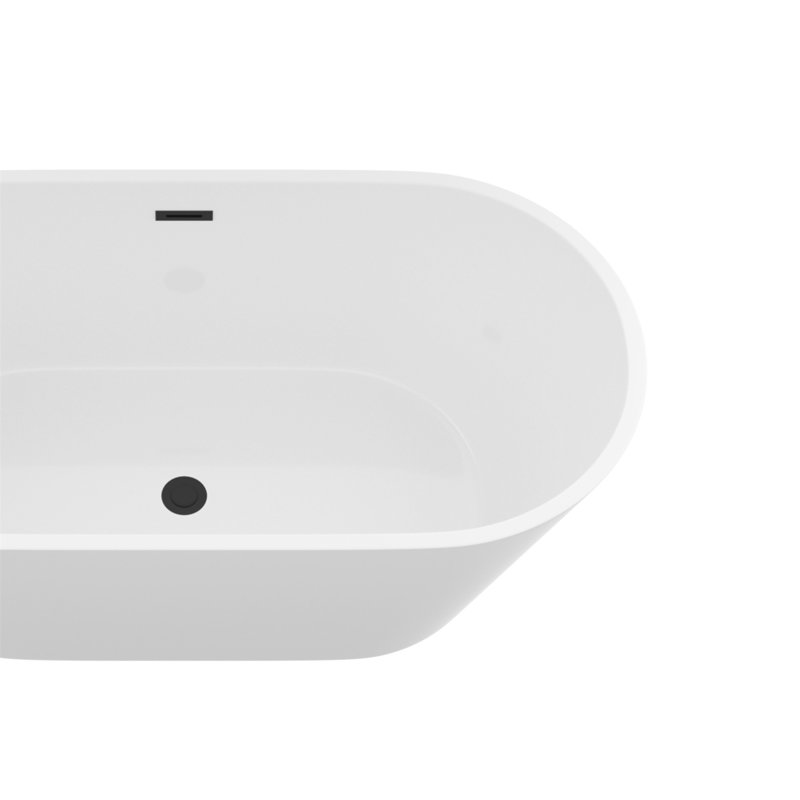 Baignoire autoportante 59 po en acrylique, baignoire autonome, fini blanc brillant, trop-plein noir et bonde escamotable