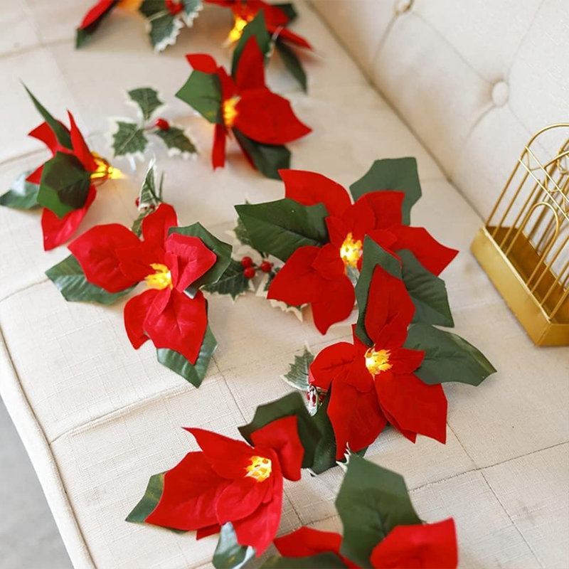 6.5FT Poinsettia Christmas Garland With 10 Pre-Lit Lights, Battery Operated Lighted