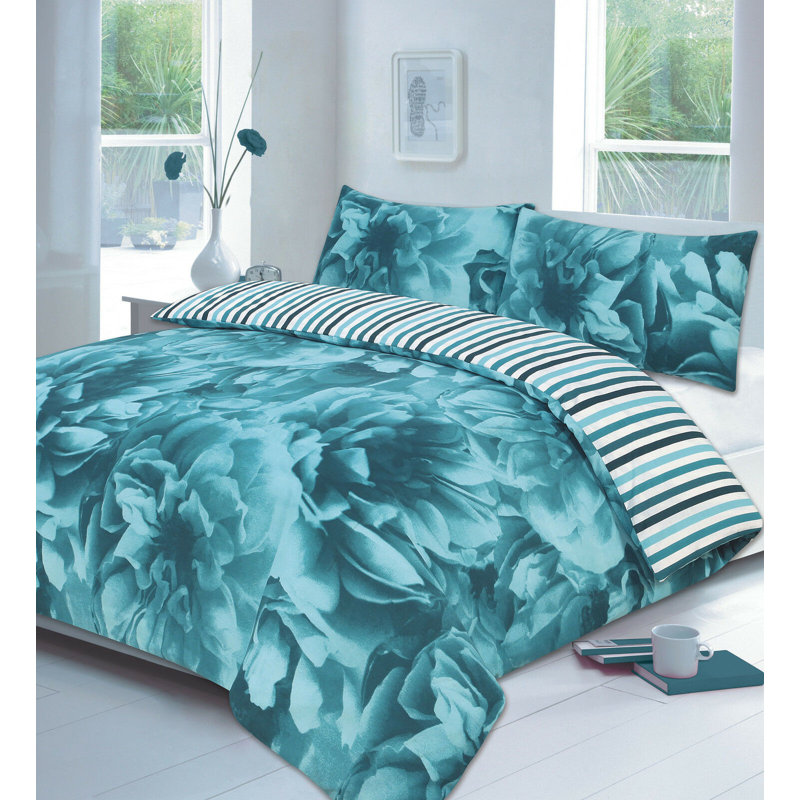 Crumity Floral Duvet Cover Set with Pillowcases, Teal, Super King Duvet Cover + 2 Standard Pillowcases