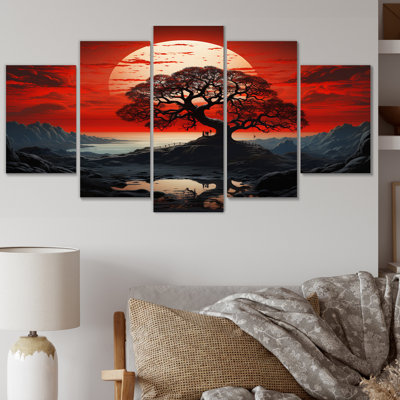 «Red Tree Silhouette Symphony II», impression d'art mural paysage - 5 panneaux