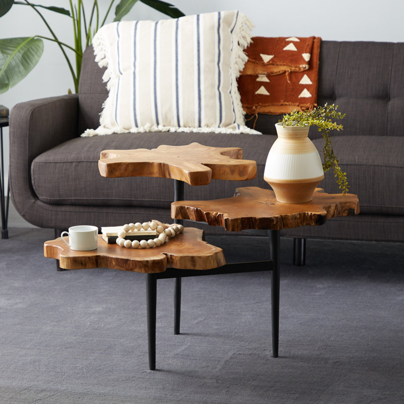 Loucks Teak Wood Handmade Live Edge 3 Tier Side End Brown Accent Table with Black Base