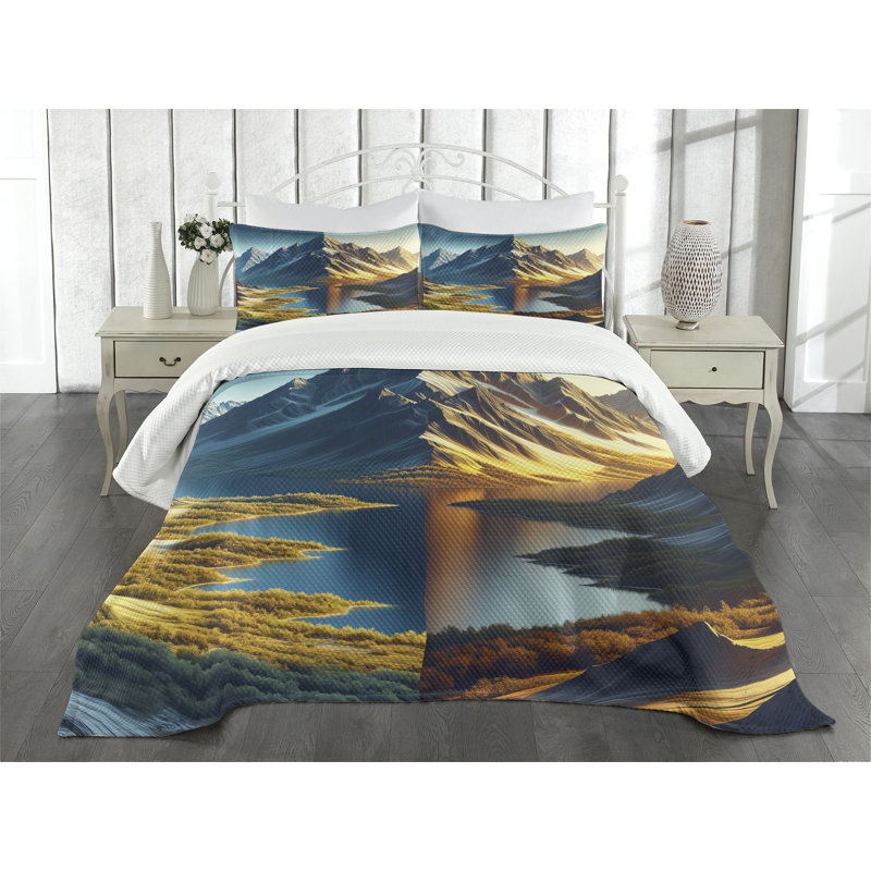 King Size Blue and Khaki Polyester Bedspread Set